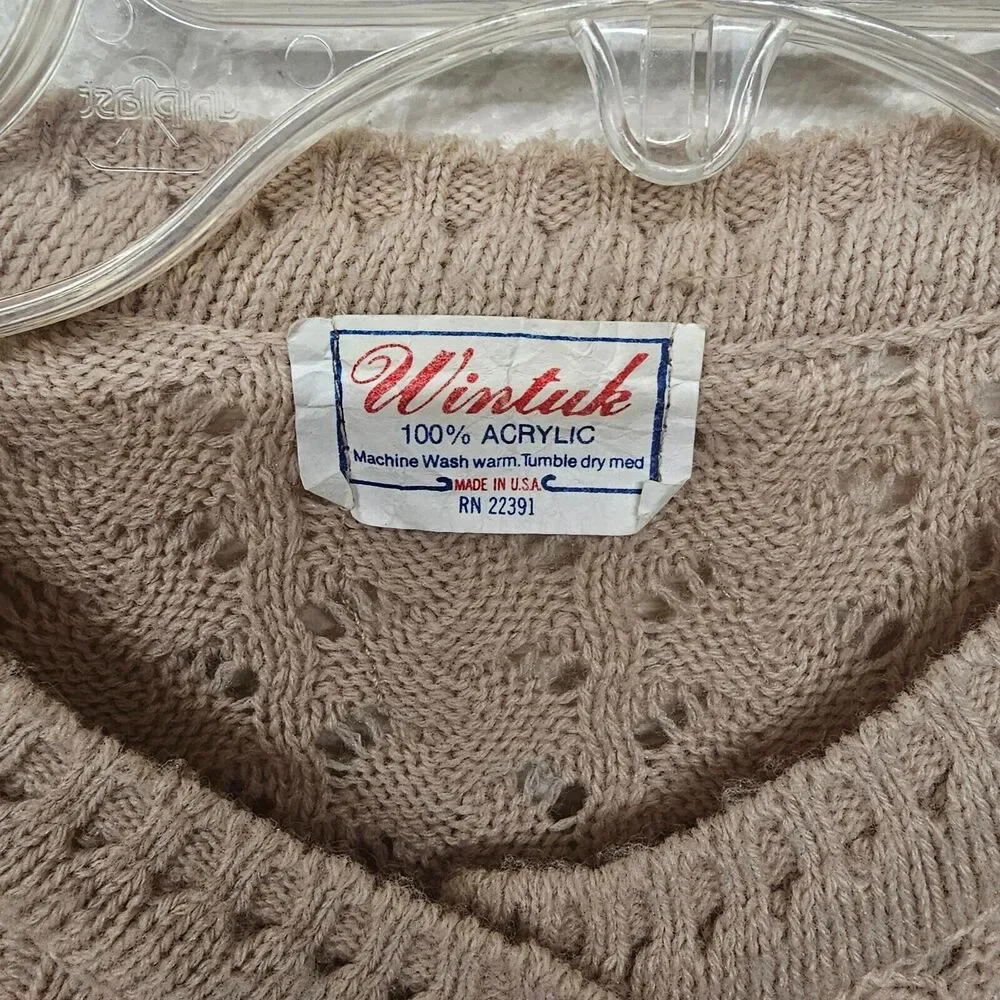 Vintage Wintuk Medium Cardigan Womens Beige Open Knit Eyelet Lightweight Grandma